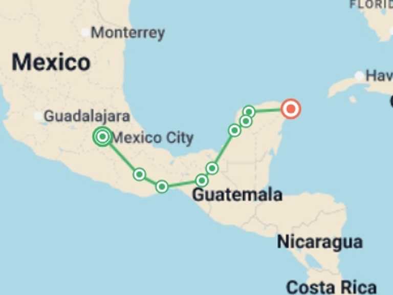 Map itinerary of North America Tour in August 2026 with 8 destination visits for the trip: Essence Of Mexico, French-speaking Guide