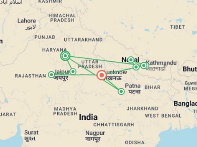 Map itinerary of Asia Tour in Spring with 9 destination visits for the trip: Premium India & Nepal