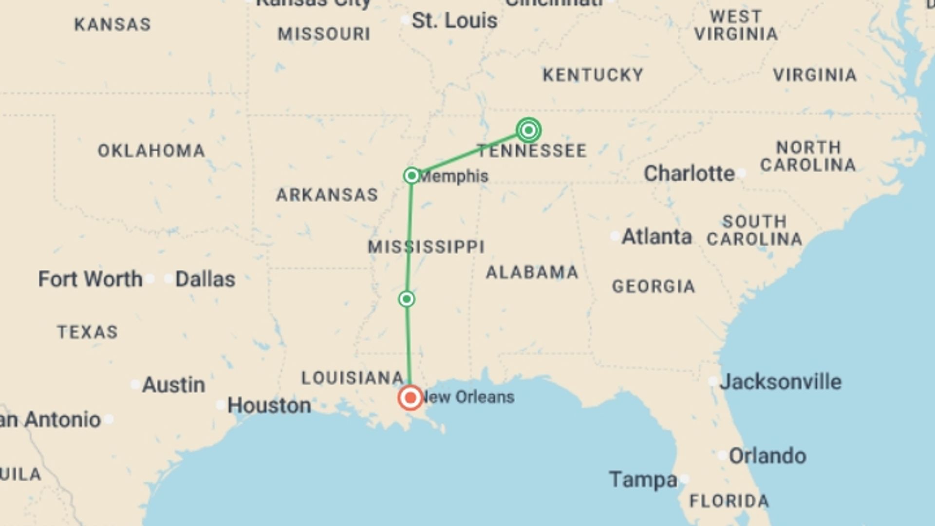 A map showing the tour itinerary for the trip: Soul of the Deep South, starting in Nashville, USA and ending in New Orleans, USA going through 2 other destinations.