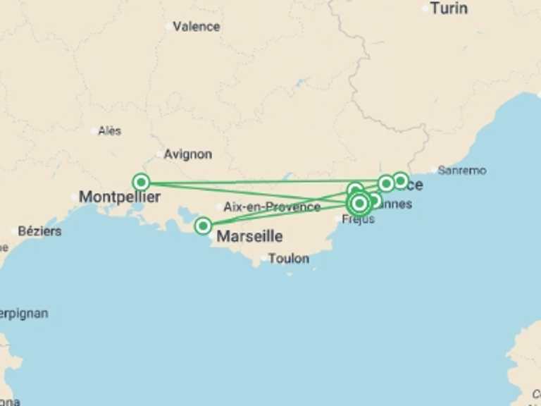Map of France Tour with 2 destination visits for the trip: Cannes, Monaco & Cote d'Azur - 8 days