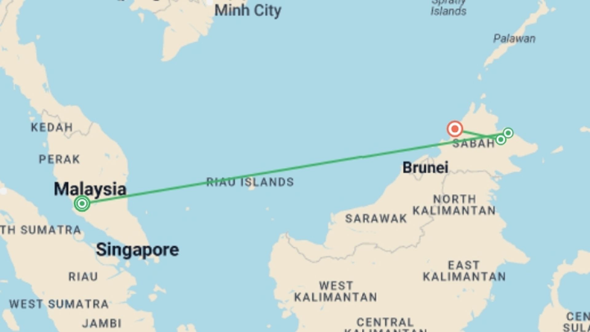 A map showing the tour itinerary for the trip: Kuala Lumpur & Borneo Explorer - 11 days, starting in Kuala Lumpur, Malaysia and ending in Kota Kinabalu, Malaysia going through 2 other destinations.