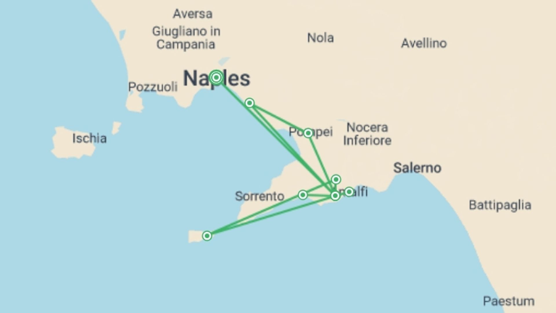 A map showing the tour itinerary for the trip: Amalfi Coast Walking - Agriturismo, starting in Naples, Italy and ending in Naples, Italy going through 3 other destinations.