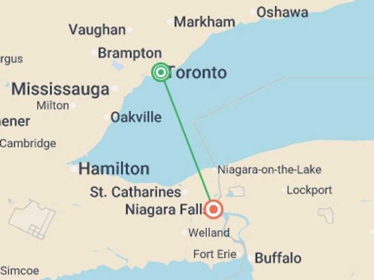 Map of Toronto City sightseeing Tour with 2 destination visits for the trip: Toronto and Niagara