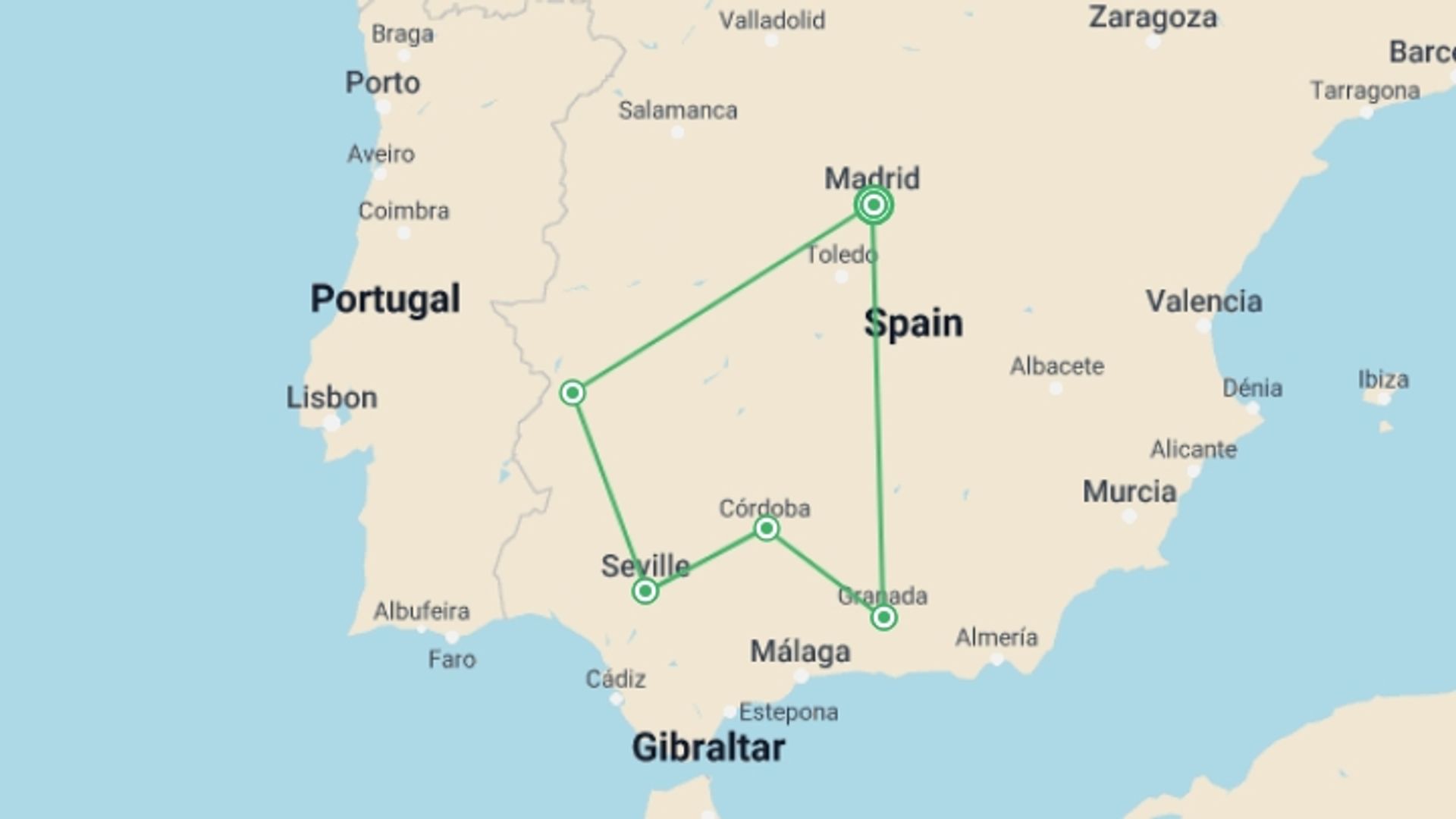 A map showing the tour itinerary for the trip: Southern Spain, starting in Madrid, Spain and ending in Madrid, Spain going through 2 other destinations.