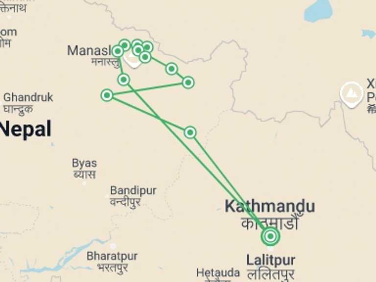Map of Kathmandu Mountains Tour with 12 destination visits for the trip: Manaslu Circuit Trek