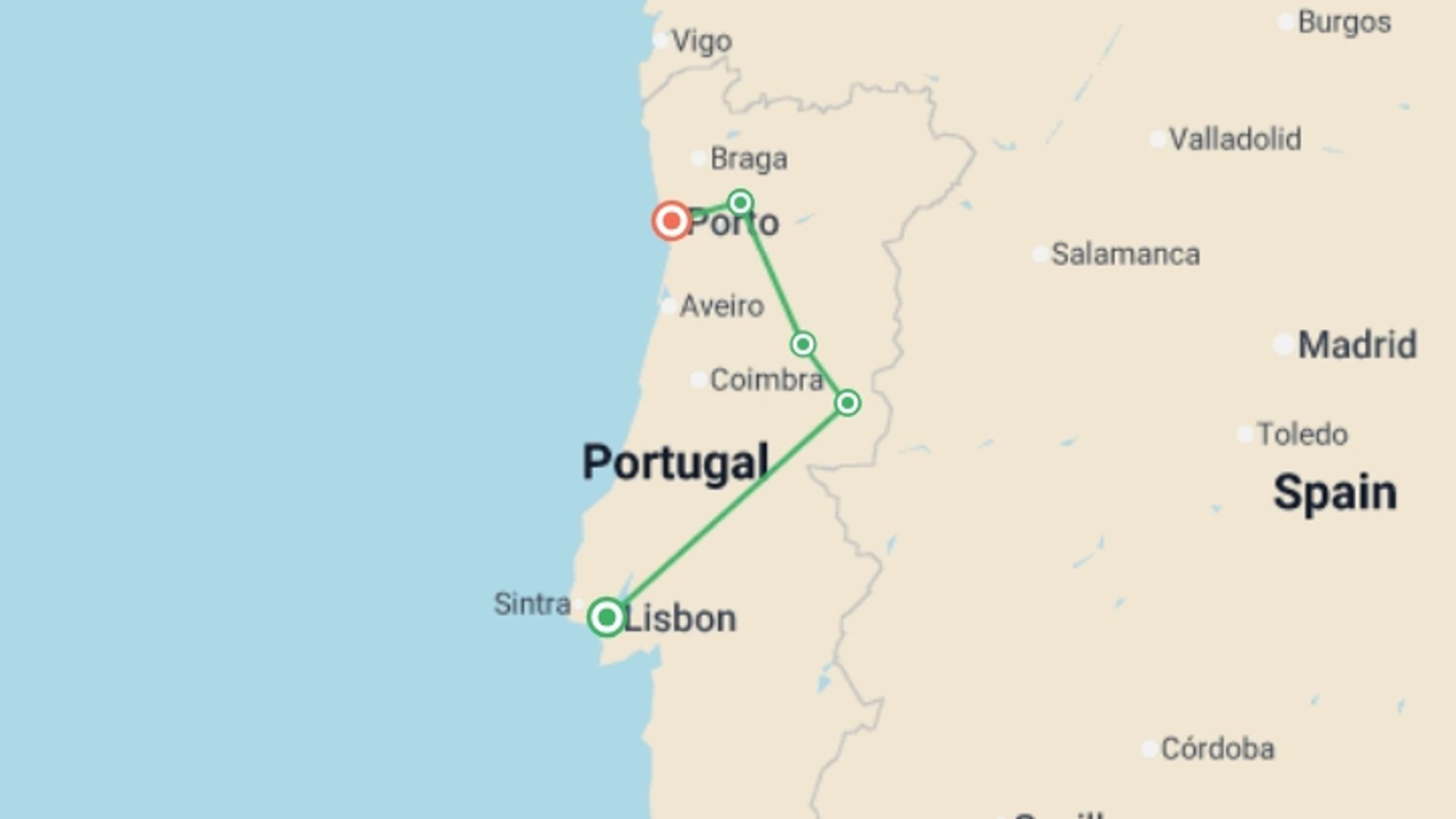 A map showing the tour itinerary for the trip: Portugal: Village Walks & the Douro Valley, starting in Lisbon, Portugal and ending in Porto, Portugal going through 4 other destinations.