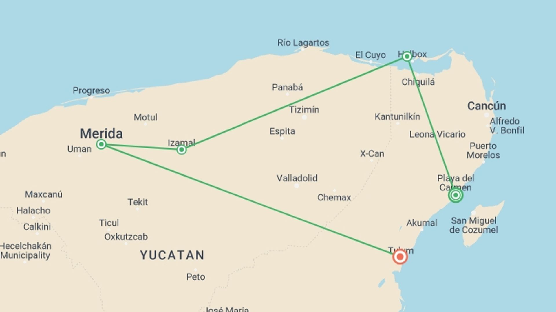 A map showing the tour itinerary for the trip: Highlights of the Yucatán, starting in Playa Del Carmen, Mexico and ending in Tulum, Mexico going through 3 other destinations.