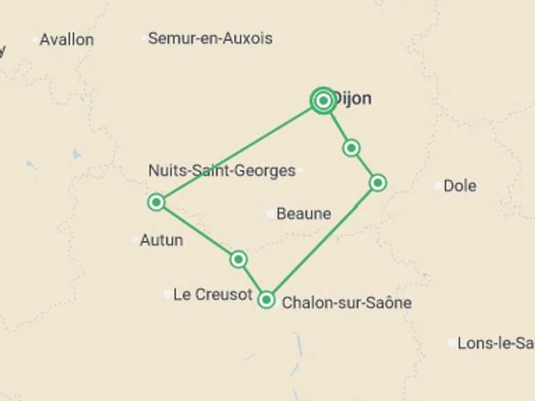 Map of France Local culture Tour with 6 destination visits for the trip: Fine Food and Wines on a Cruise through the Burgundy Region (port-to-port cruise)