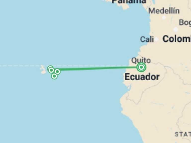 Map itinerary of Quito Tour in March 2026 with 5 destination visits for the trip: Galápagos — South & East Islands aboard the Yolita
