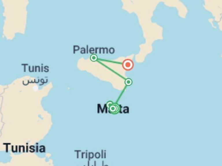 Map of 15-Day Europe Tour with 9 destination visits for the trip: Malta and Gozo Discovery + Classical Sicily