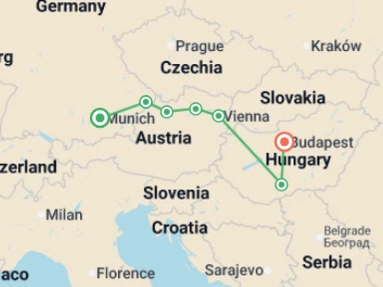 Map of Vienna Christmas markets Tour with 7 destination visits for the trip: Danube Holiday Markets (2026)