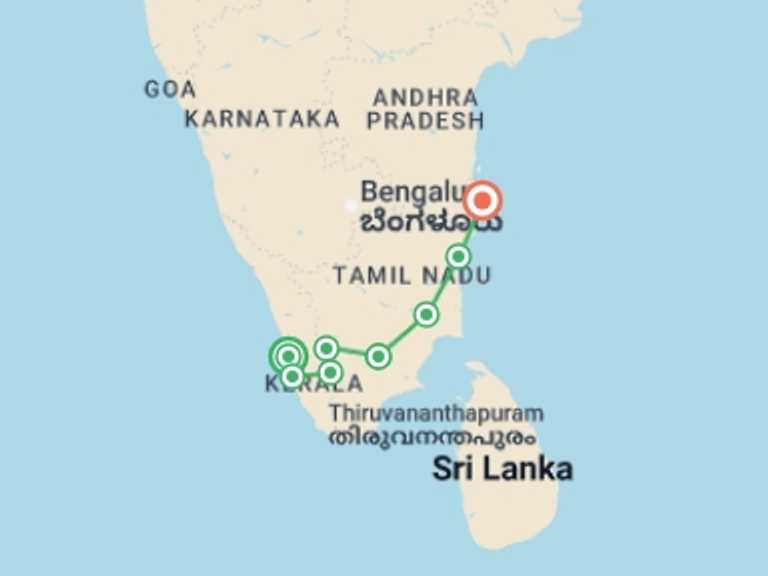 Map itinerary of Asia Tour in August 2026 with 9 destination visits for the trip: Best of South India - 10 days
