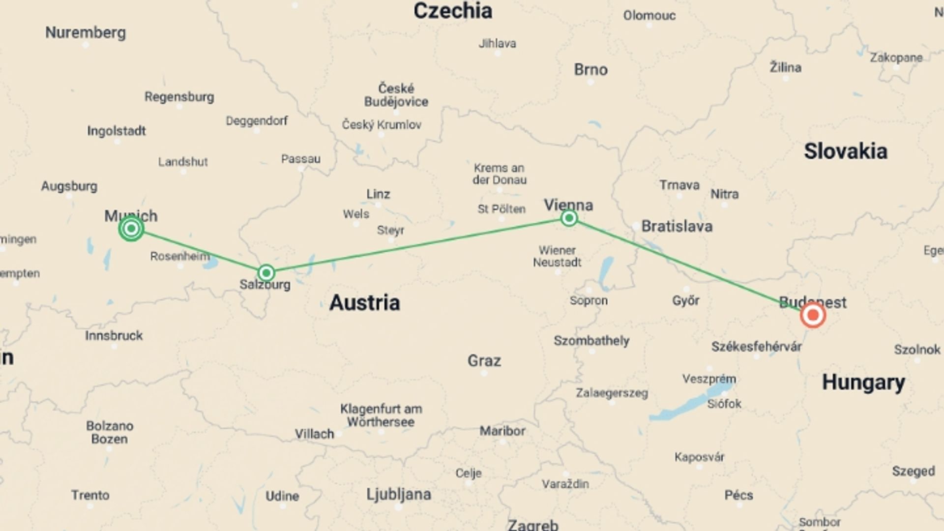 A map showing the tour itinerary for the trip: Europe Christmas Markets: Munich to Budapest, starting in Munich, Germany and ending in Budapest, Hungary going through 2 other destinations.