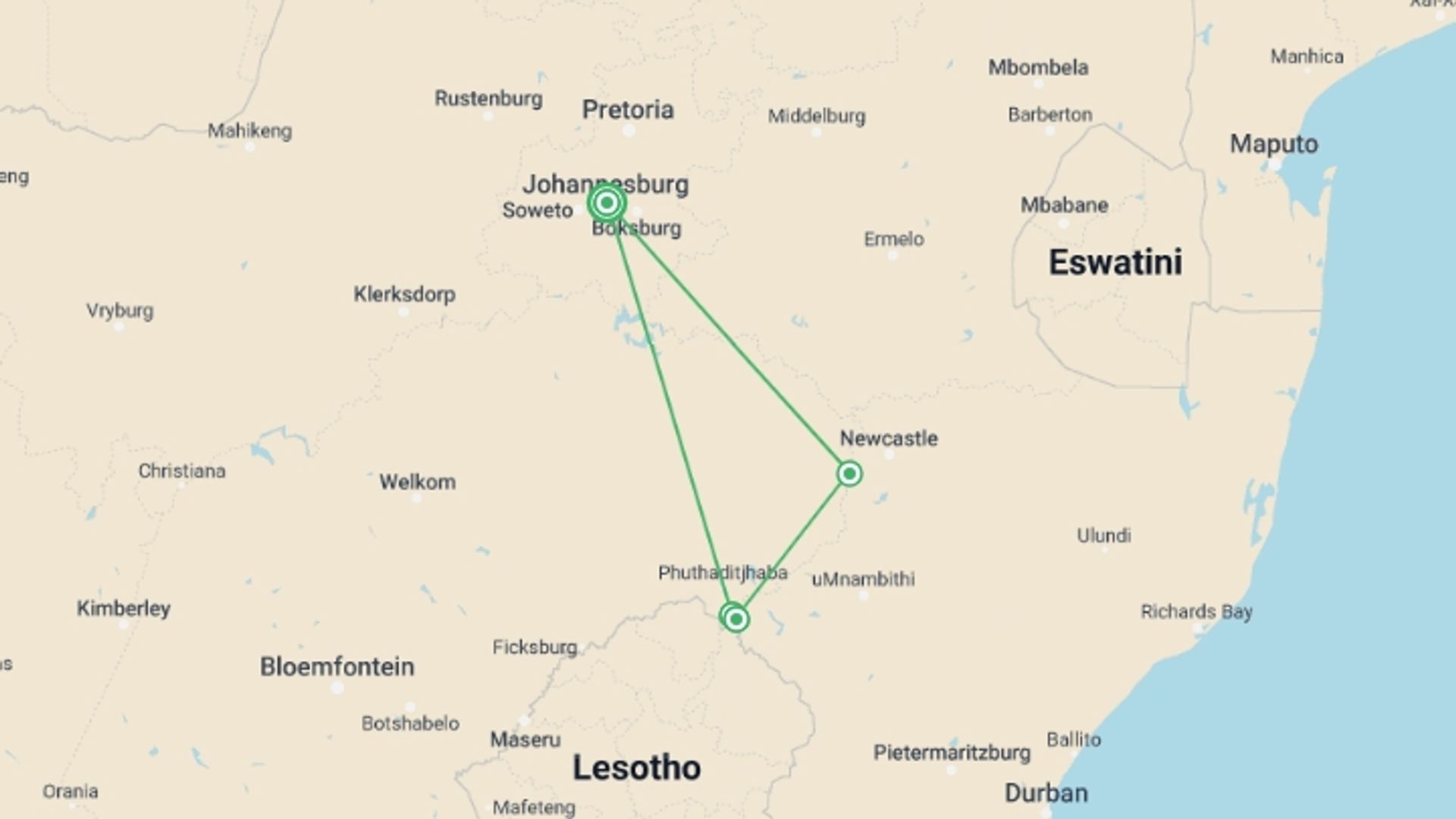 A map showing the tour itinerary for the trip: Drakensberg Walking Tour, starting in Johannesburg, South Africa and ending in Johannesburg, South Africa going through 5 other destinations.