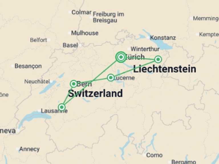 Map itinerary of Switzerland Tour in June 2026 with 6 destination visits for the trip: Mountains, Valleys and Lakes of Switzerland