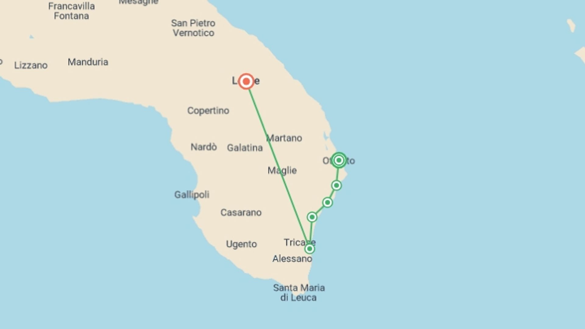 A map showing the tour itinerary for the trip: Puglia Coastal Walk, starting in Otranto, Italy and ending in Lecce, Italy going through 5 other destinations.