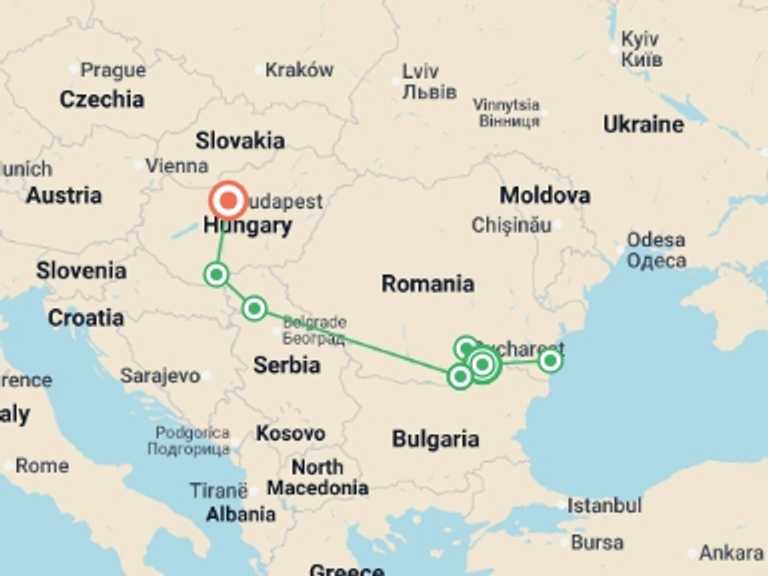 Map of Eastern Europe Tour with 7 destination visits for the trip: Along the Danube, the Balkan peninsula and Budapest (port-to-port cruise)