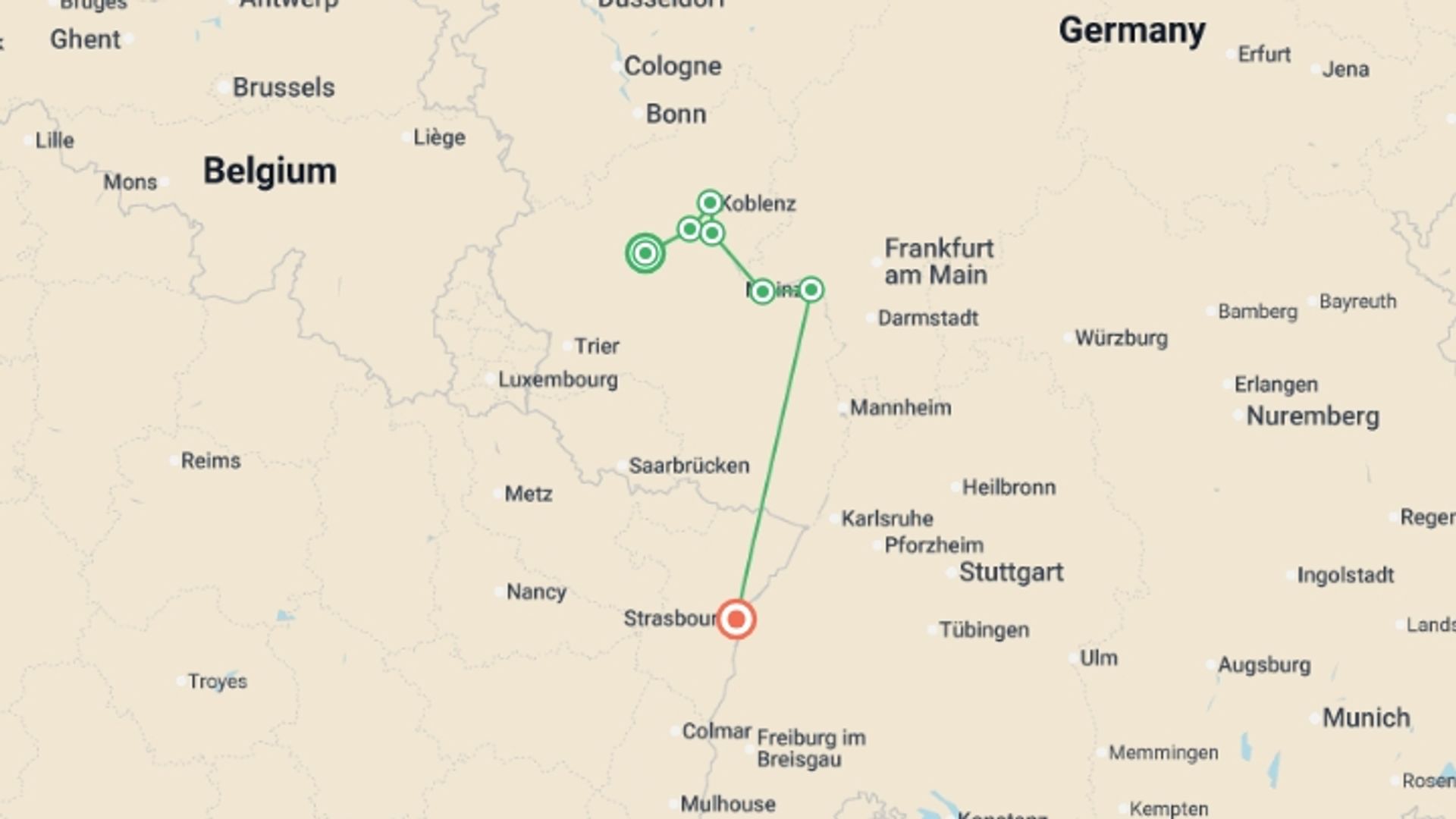 A map showing the tour itinerary for the trip: The Rhine & Moselle, starting in Cochem, Germany and ending in Strasbourg, France going through 3 other destinations.