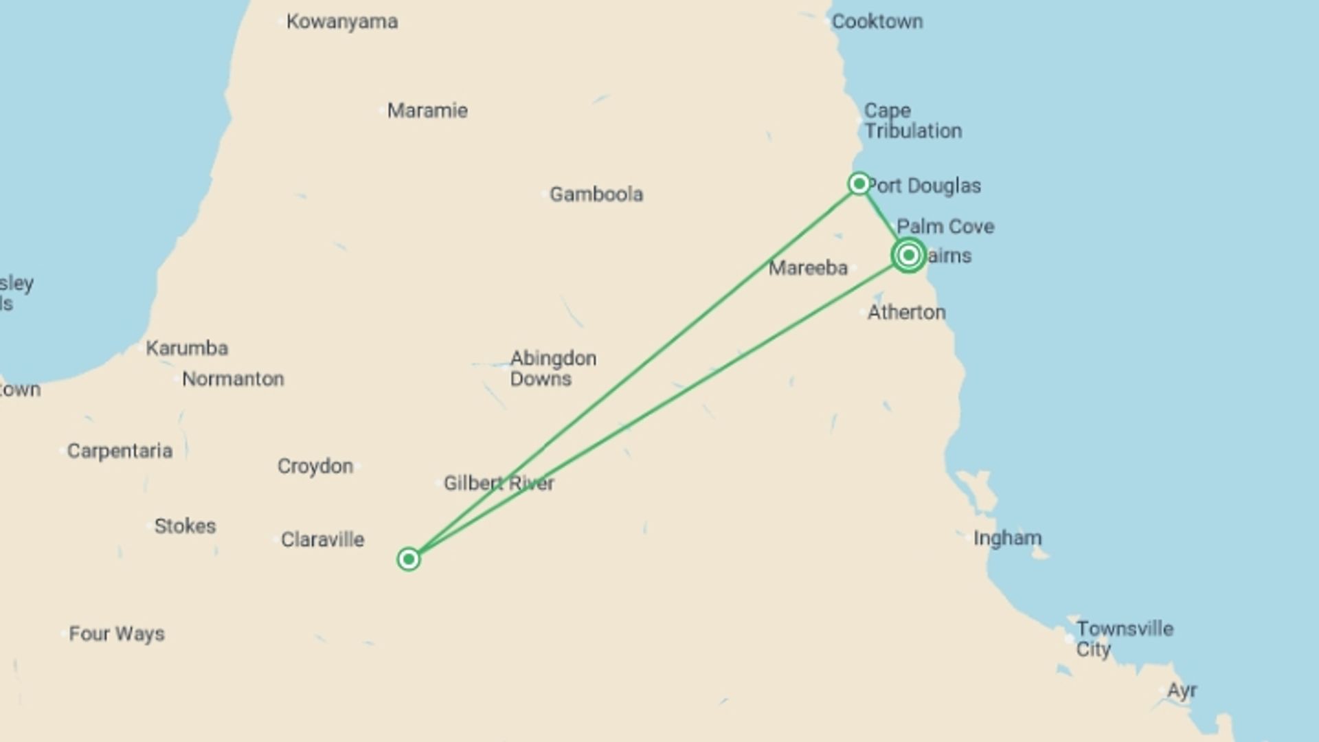 A map showing the tour itinerary for the trip: Daintree Rainforest Discovery - 3 days, starting in Cairns, Australia and ending in Cairns, Australia going through 2 other destinations.