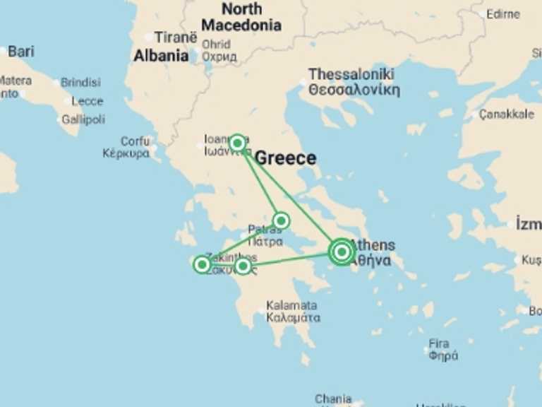 Map of Europe Tour with 5 destination visits for the trip: Greece Highlights & Zakynthos Escape - 9 days