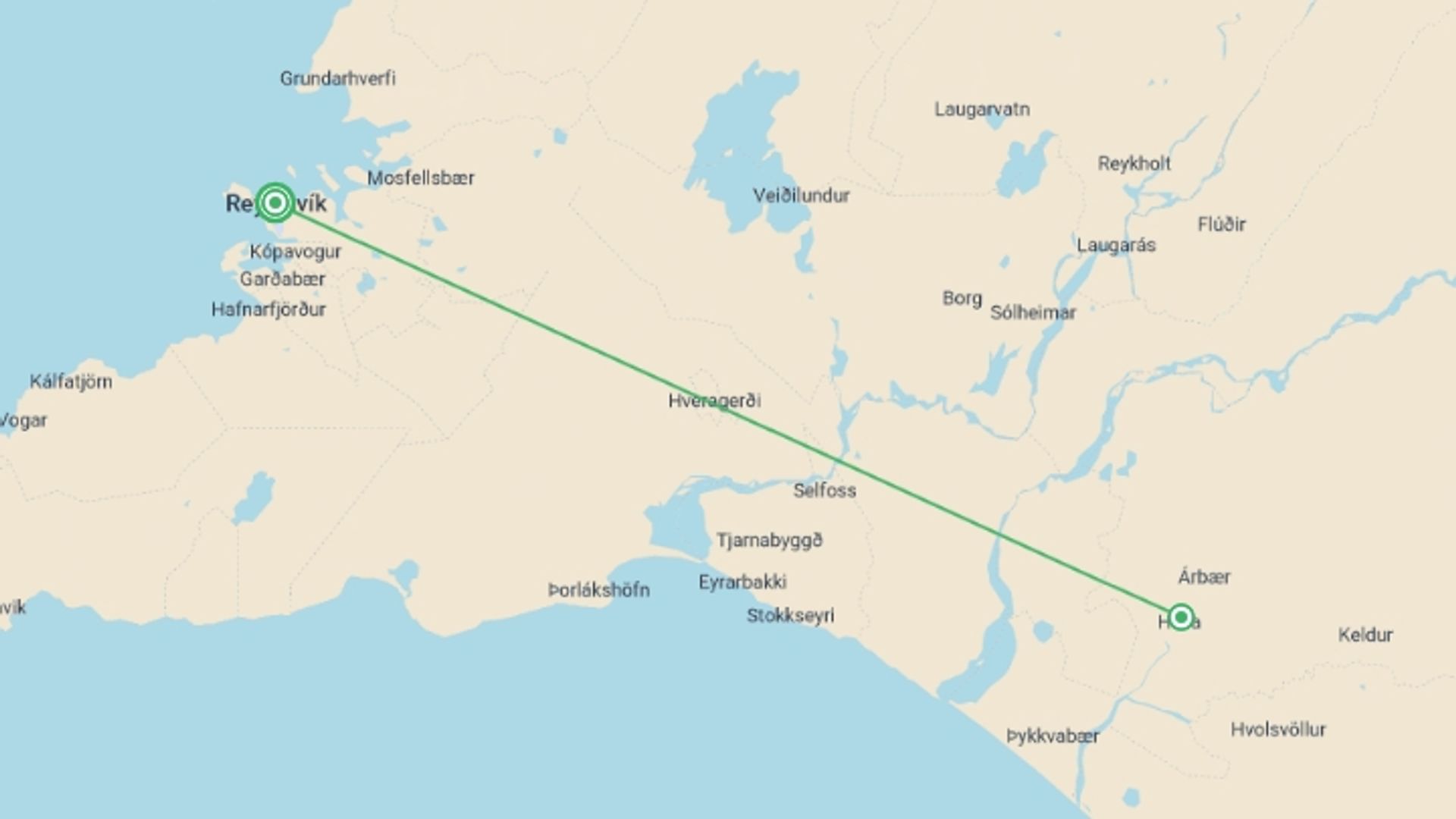 A map showing the tour itinerary for the trip: Winter in Iceland: Waterfalls & Aurora Nights, starting in Reykjavik, Iceland and ending in Reykjavik, Iceland going through 1 other destinations.