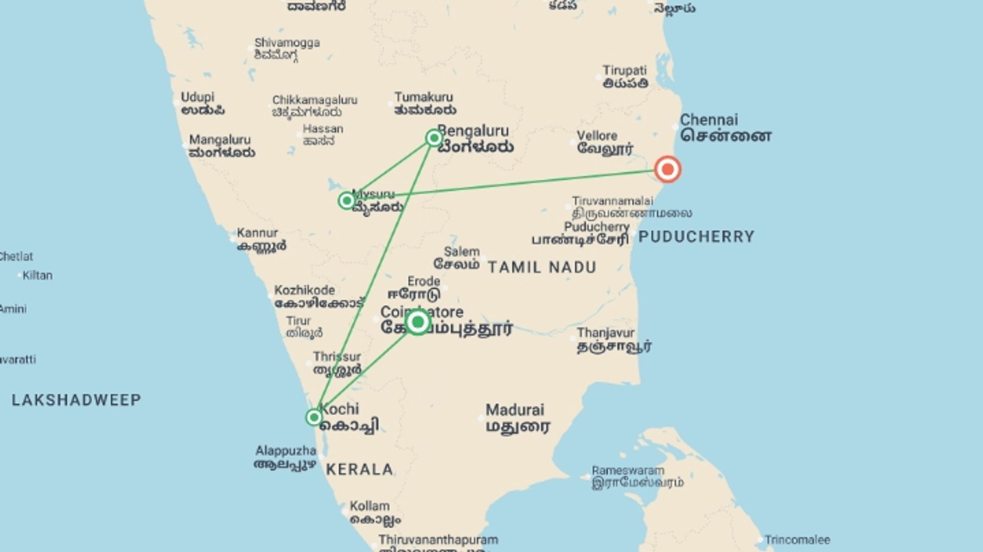 A map showing the tour itinerary for the trip: Southern India: West to East Coast, starting in Kerala & Tamil Nadu, India and ending in Mamallapuram, India going through 3 other destinations.