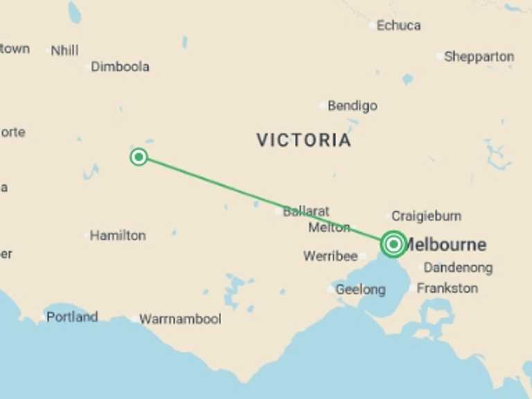 Map itinerary of Australia Tour in February 2027 with 2 destination visits for the trip: Great Ocean Road & Grampians Discovery - 2 days