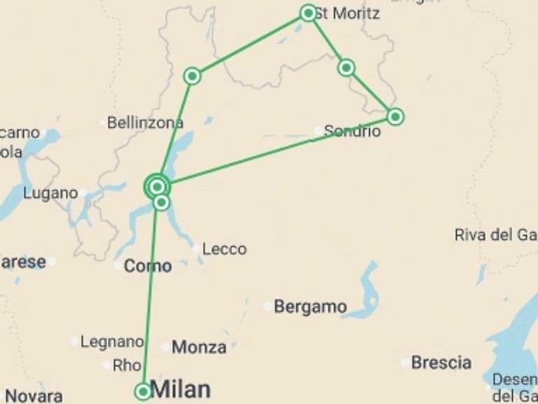 Map itinerary of Italy Tour in October 2025 with 1 destination visits for the trip: Lake Como, Saint Moritz & Milan (4 Star) - 8 days