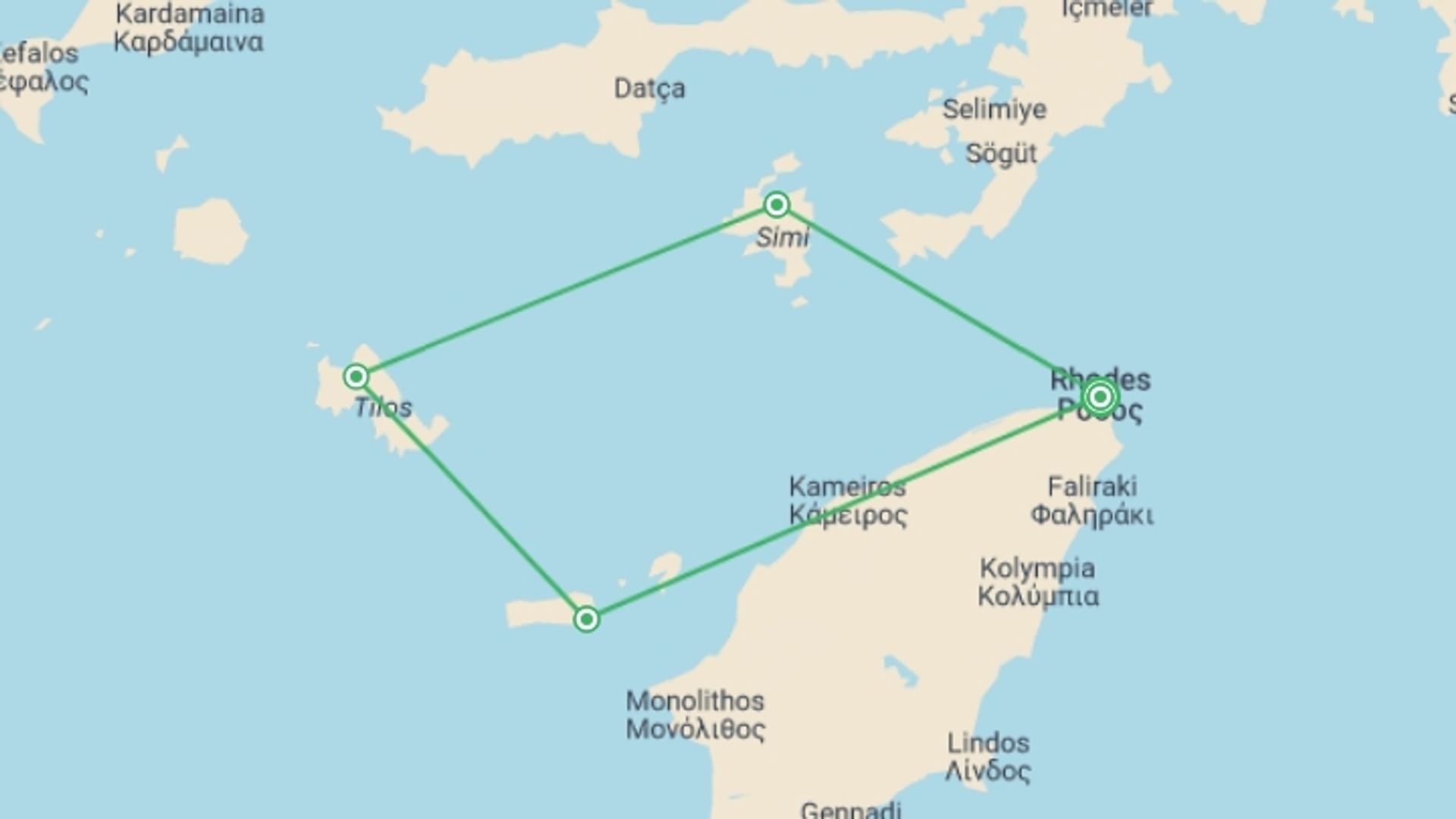 A map showing the tour itinerary for the trip: Dodecanese Sailing Explorer, starting in Cape Town, South Africa and ending in Cape Town, South Africa going through 4 other destinations.