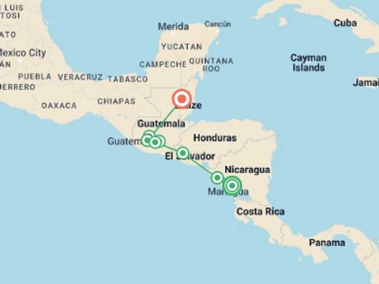 Map of Antigua Explorer Tour with 9 destination visits for the trip: Central America Uncovered - 19 days