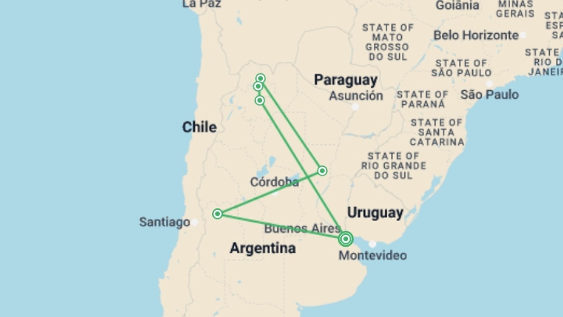 A map showing the tour itinerary for the trip: Deserts, Jungle and Wine, starting in Buenos Aires, Argentina and ending in Buenos Aires, Argentina going through 6 other destinations.