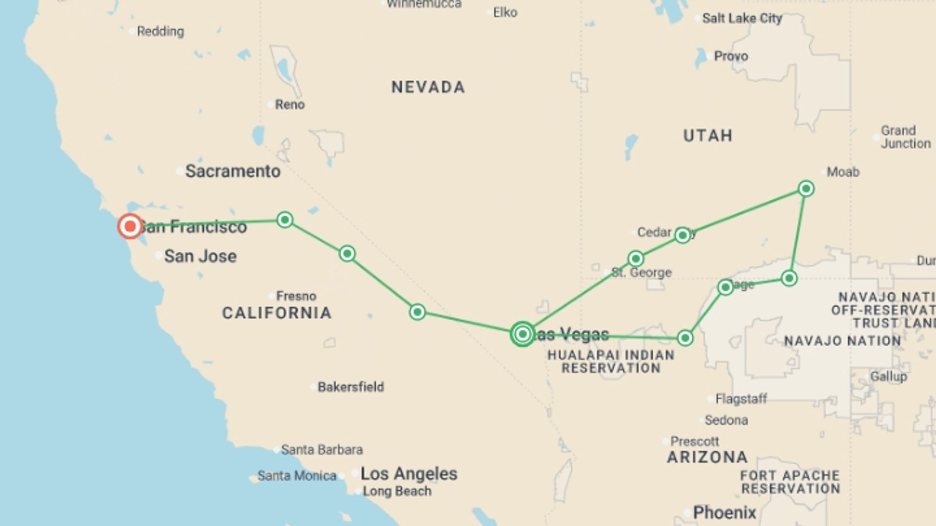 A map showing the tour itinerary for the trip: Wild West Encompassed (Camping) - 11 days, starting in undefined, USA and ending in undefined, USA going through 1 other destinations.