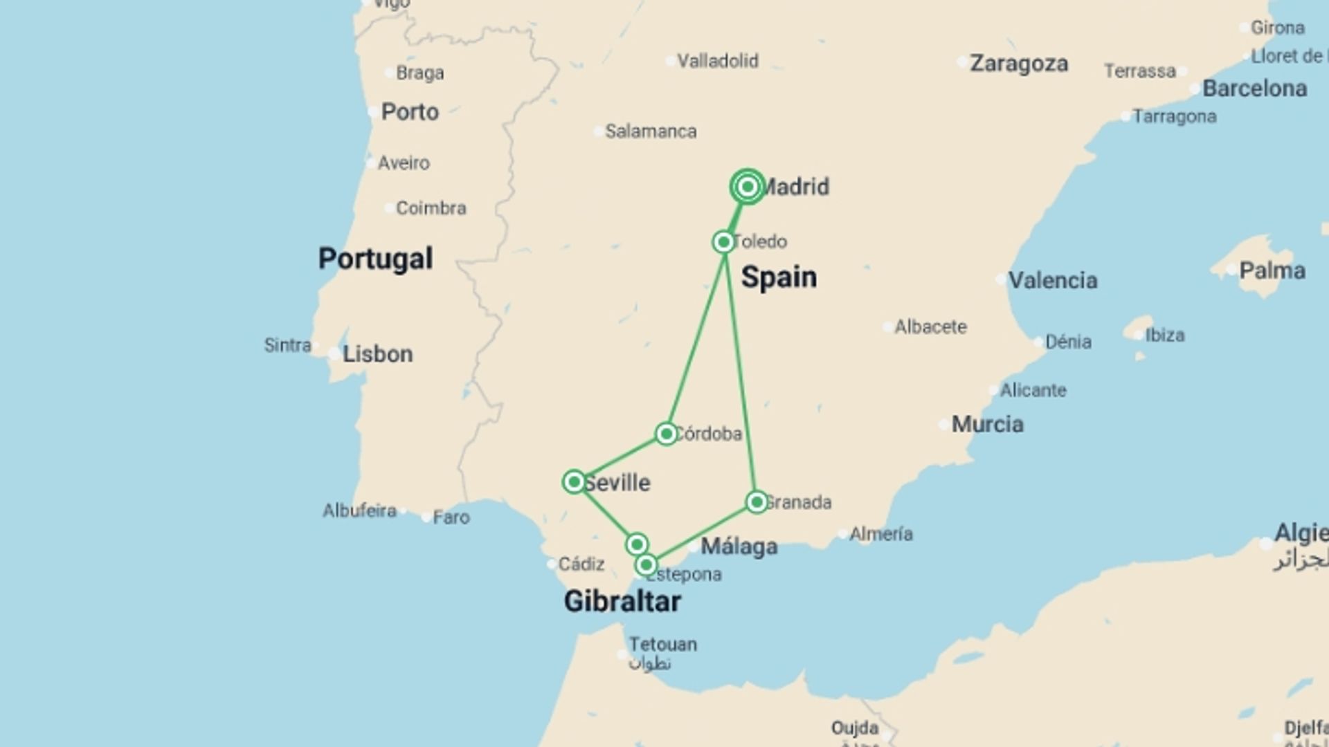 A map showing the tour itinerary for the trip: Cordoba, Seville & Costa del Sol - 9 days, starting in Madrid, Spain and ending in Madrid, Spain going through 4 other destinations.