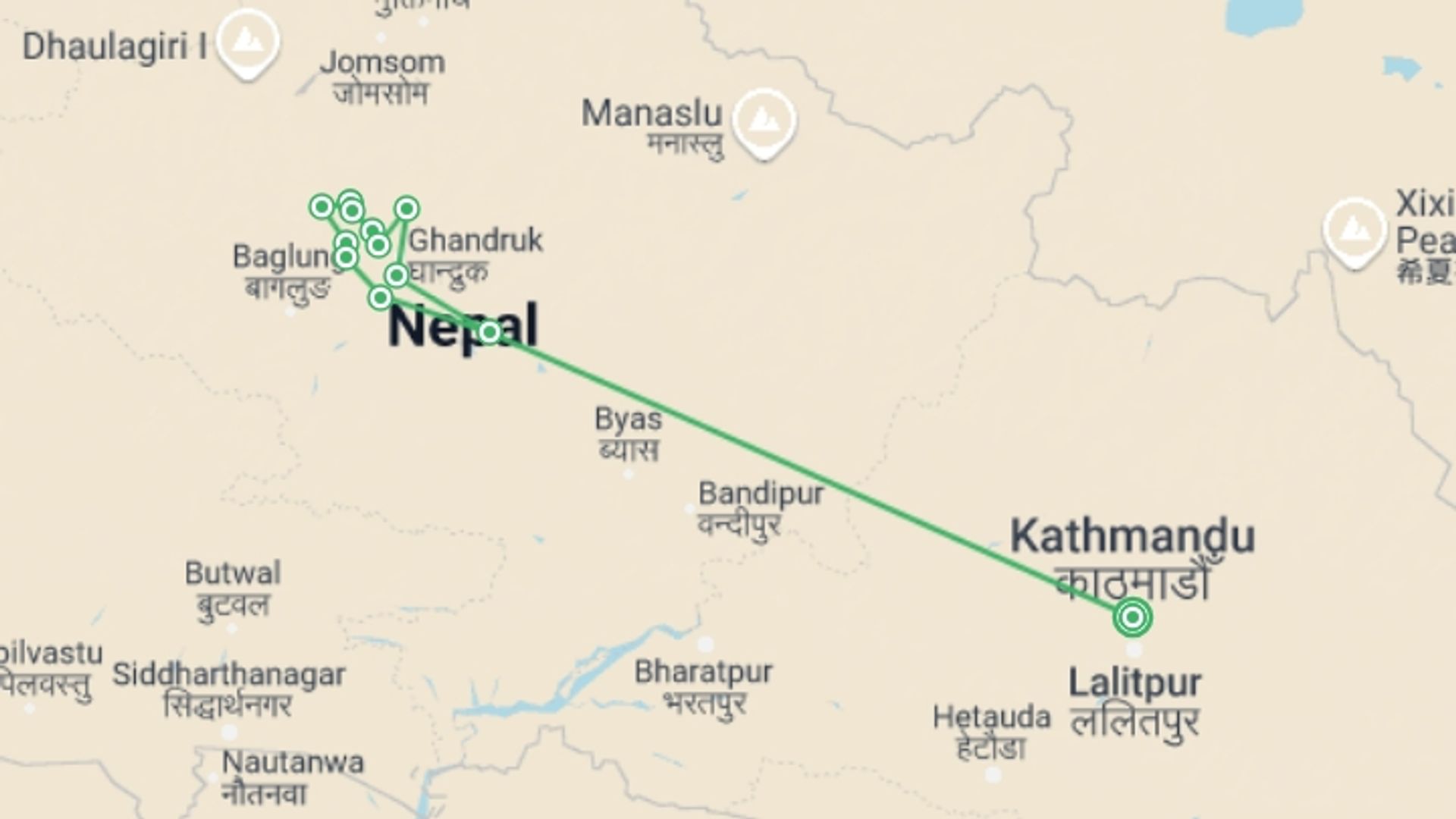 A map showing the tour itinerary for the trip: Khopra Ridge Trek: 13 Days, starting in Kathmandu, Nepal and ending in Kathmandu, Nepal going through 9 other destinations.