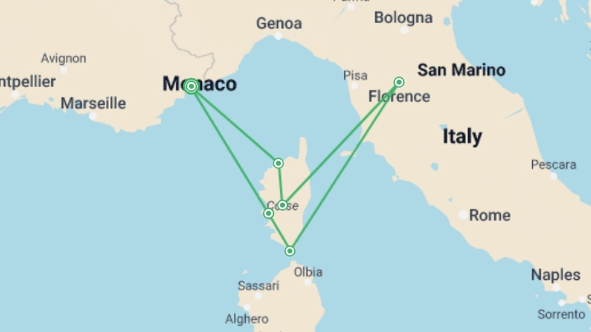 A map showing the tour itinerary for the trip: Corsica reveals its hidden treasures (port-to-port package), starting in Nice, France and ending in Nice, France going through 5 other destinations.