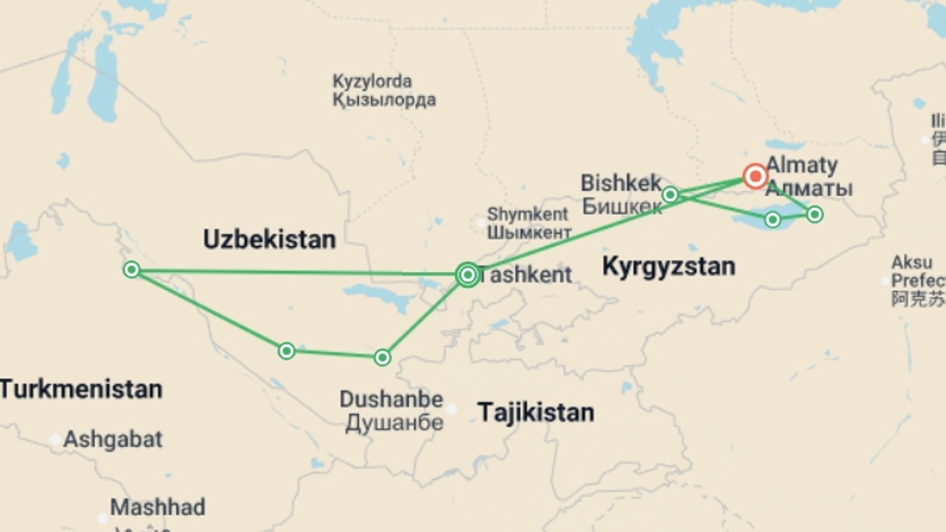 A map showing the tour itinerary for the trip: Premium Central Asia, starting in Tashkent, Uzbekistan and ending in Almaty, Kazakhstan going through 6 other destinations.