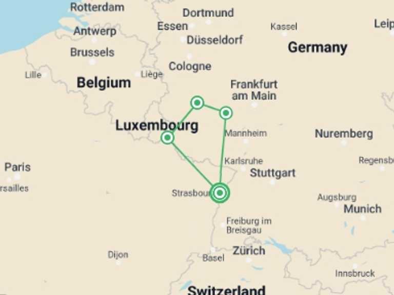 Map of Strasbourg Romantic Tour with 4 destination visits for the trip: 4 Rivers: The Neckar, Romantic Rhine, Moselle, and Sarre Valleys