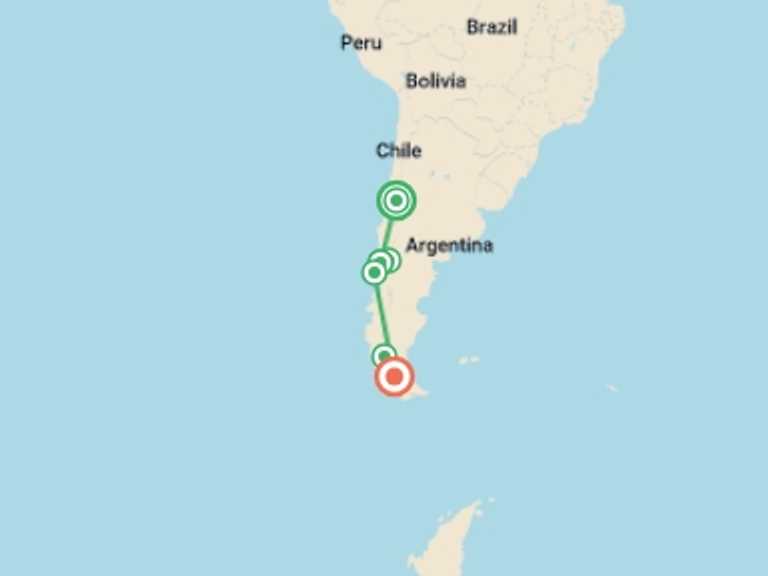 Map of South America Tour with 4 destination visits for the trip: Santiago to Patagonia - 14 days