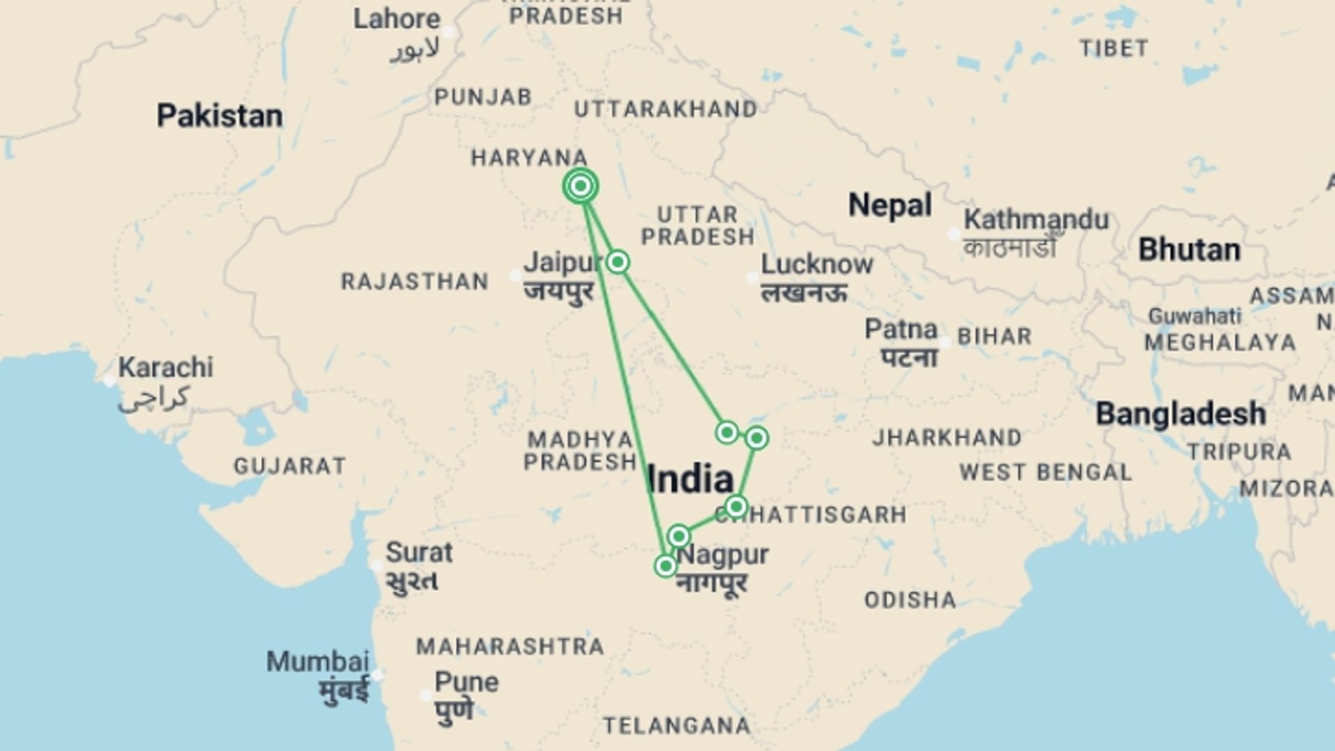 A map showing the tour itinerary for the trip: India Tiger Safari, starting in New Delhi, India and ending in New Delhi, India going through 5 other destinations.