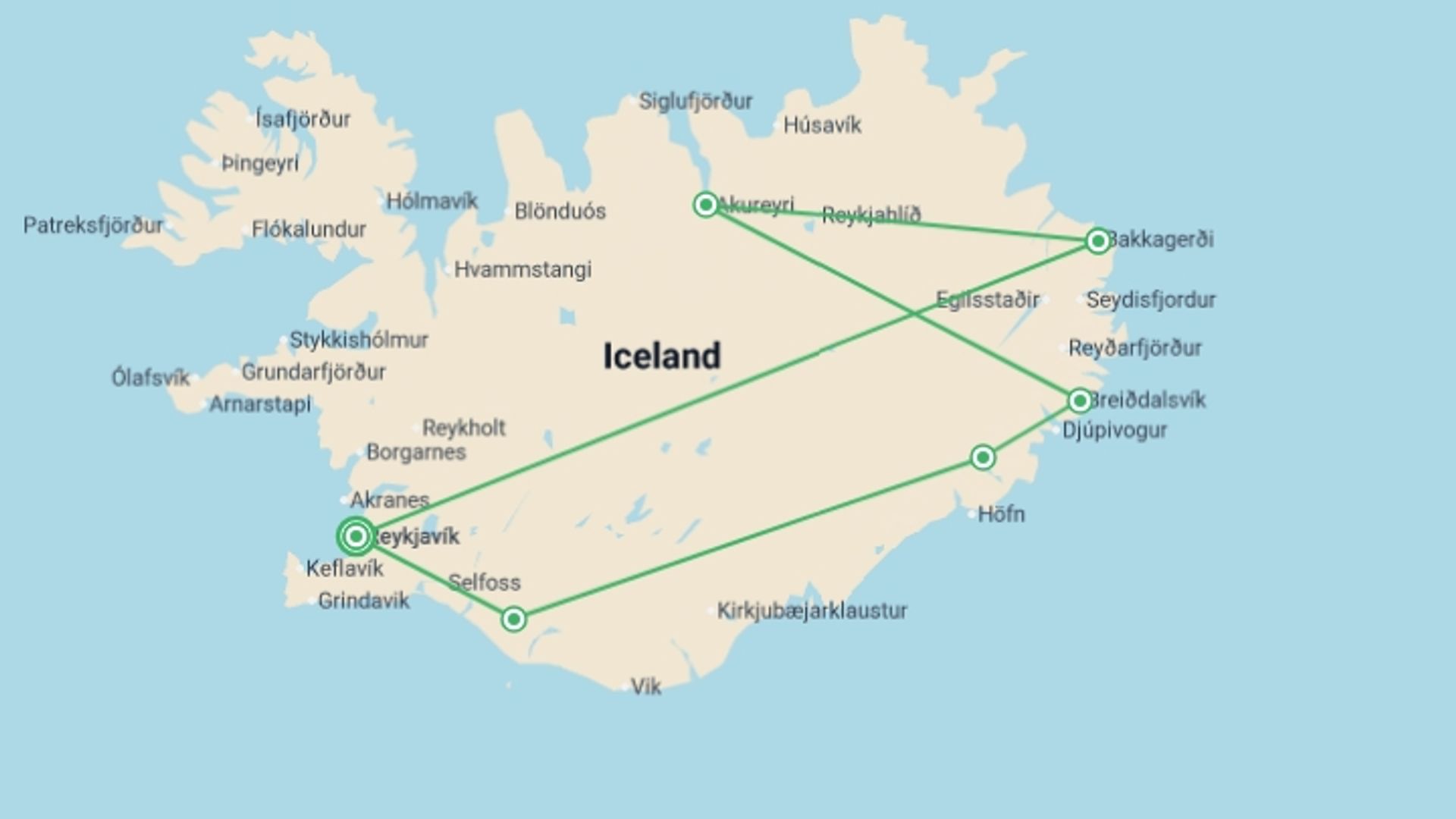 A map showing the tour itinerary for the trip: Natural Wonders of Iceland - Small Group , starting in Reykjavik, Iceland and ending in Reykjavik, Iceland going through 5 other destinations.
