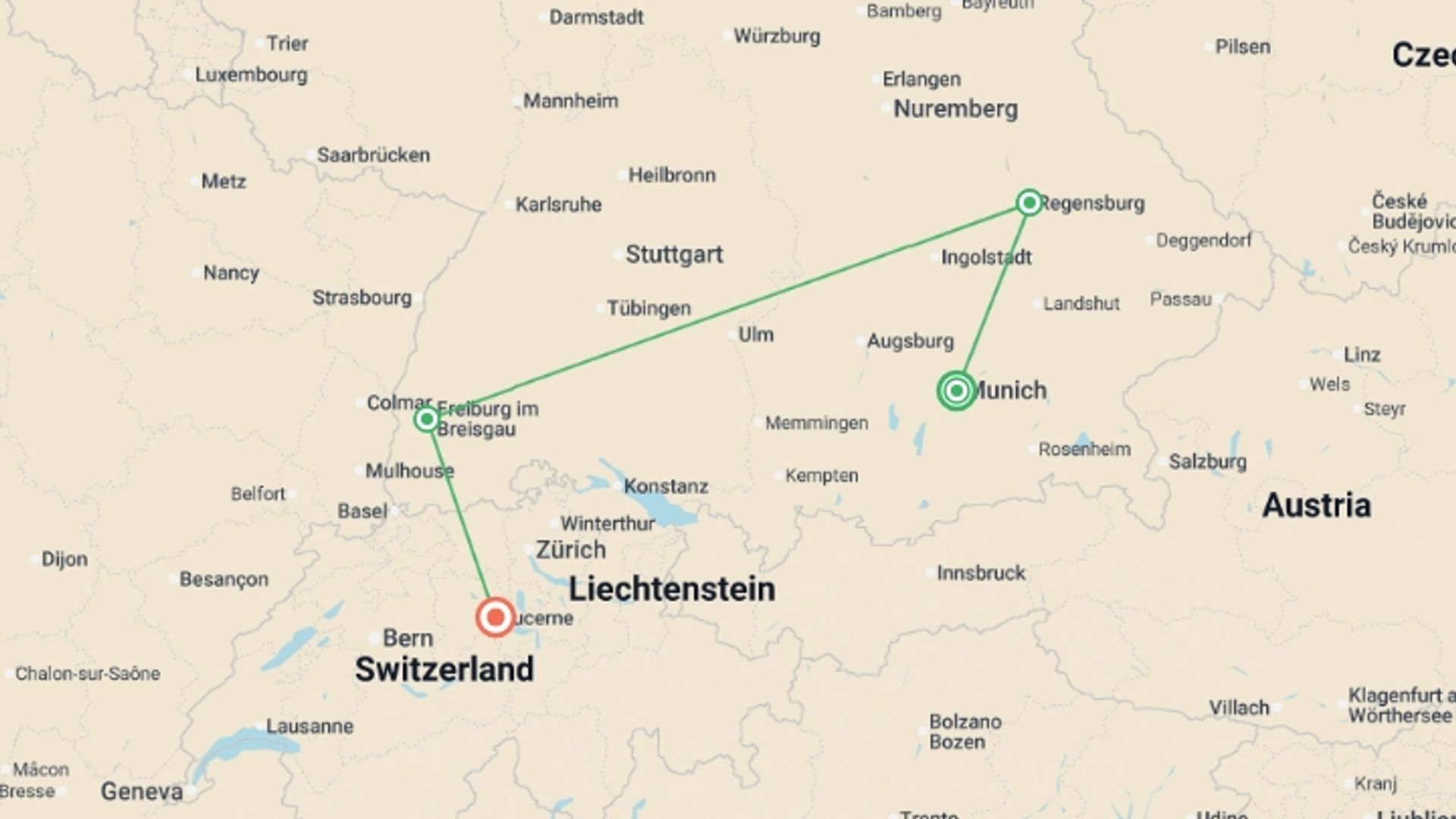 A map showing the tour itinerary for the trip: Enchanting Christmas Markets of Germany, Switzerland and France, starting in Munich, Germany and ending in Lucerne, Switzerland going through 0 other destinations.