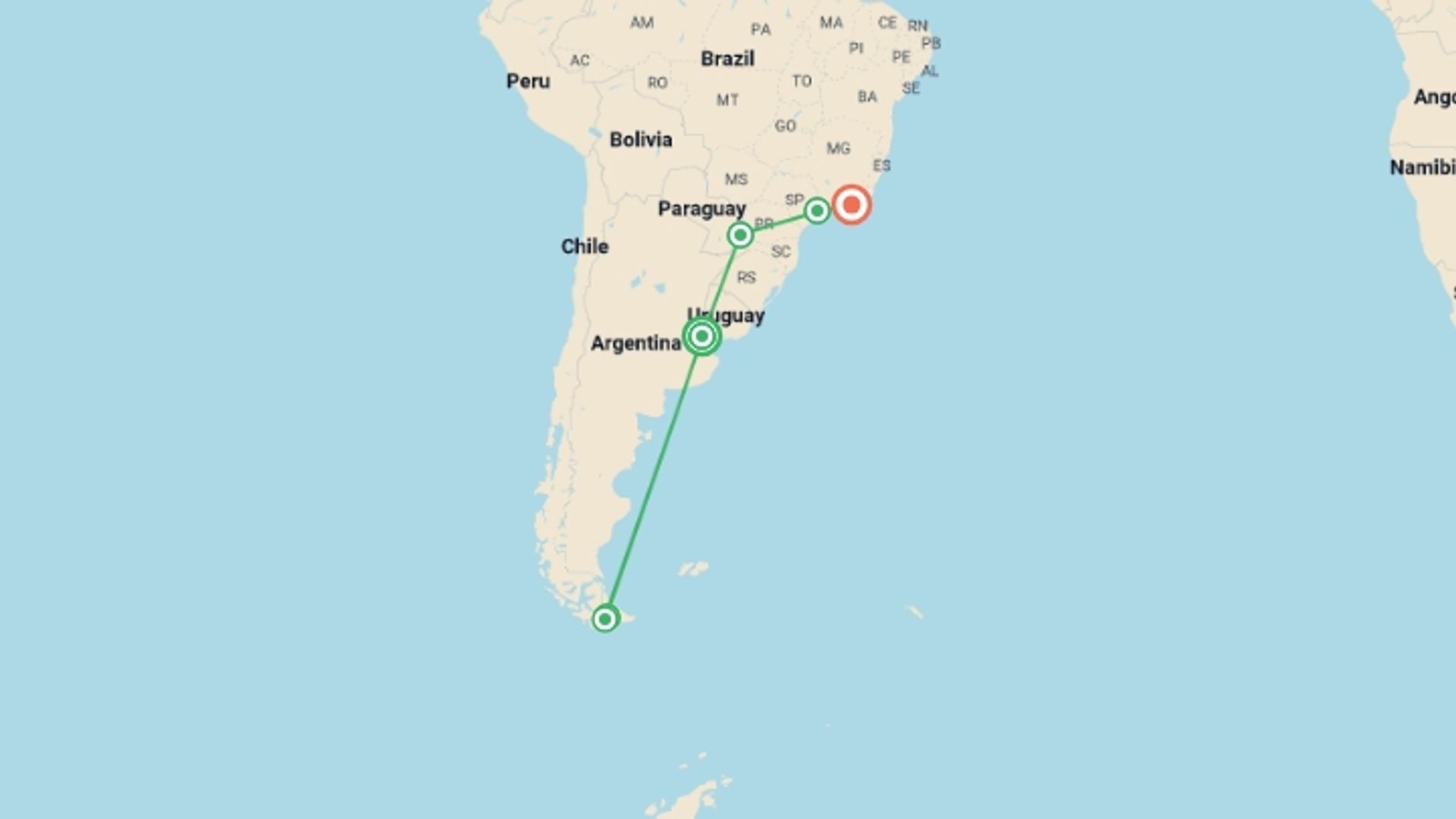 A map showing the tour itinerary for the trip: Essential Argentina & Brazil - 13 days, starting in Buenos Aires, Argentina and ending in Rio de Janeiro, Brazil going through 4 other destinations.