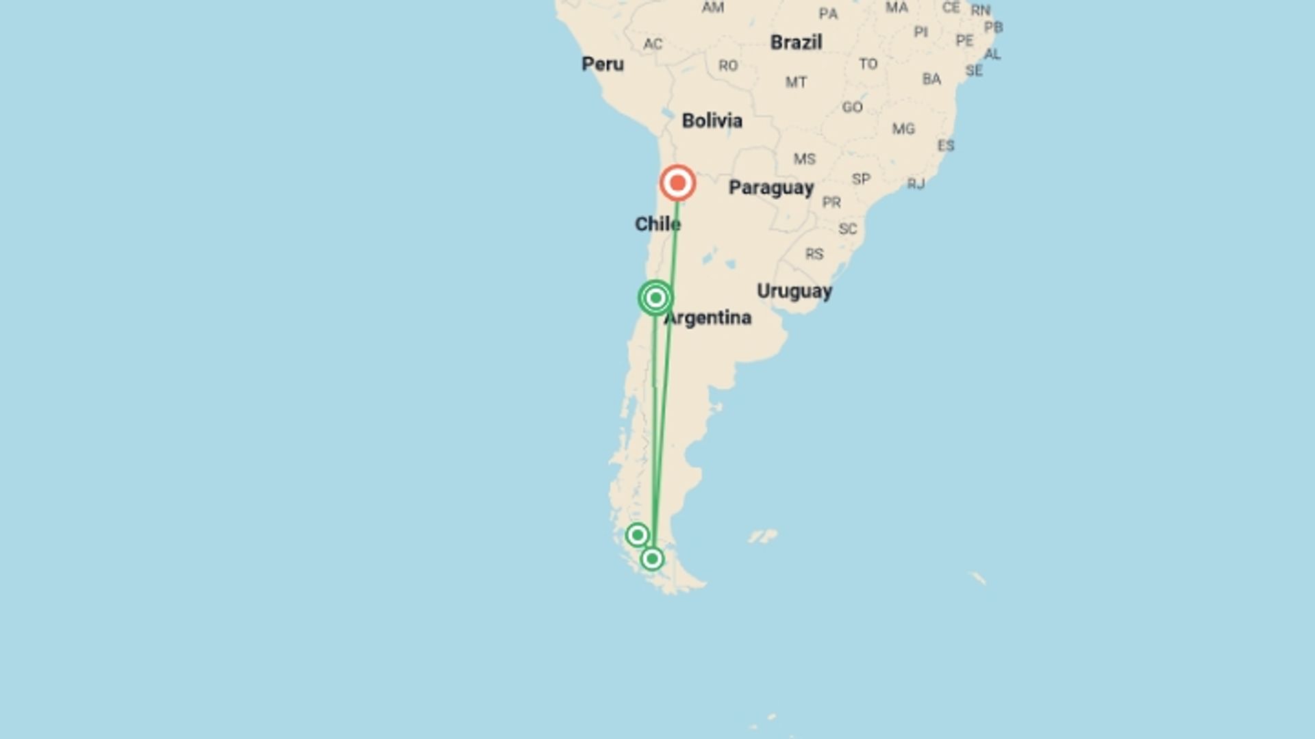 A map showing the tour itinerary for the trip: Best Of Chile, starting in Santiago, Chile and ending in San Pedro De Atacama, Chile going through 4 other destinations.