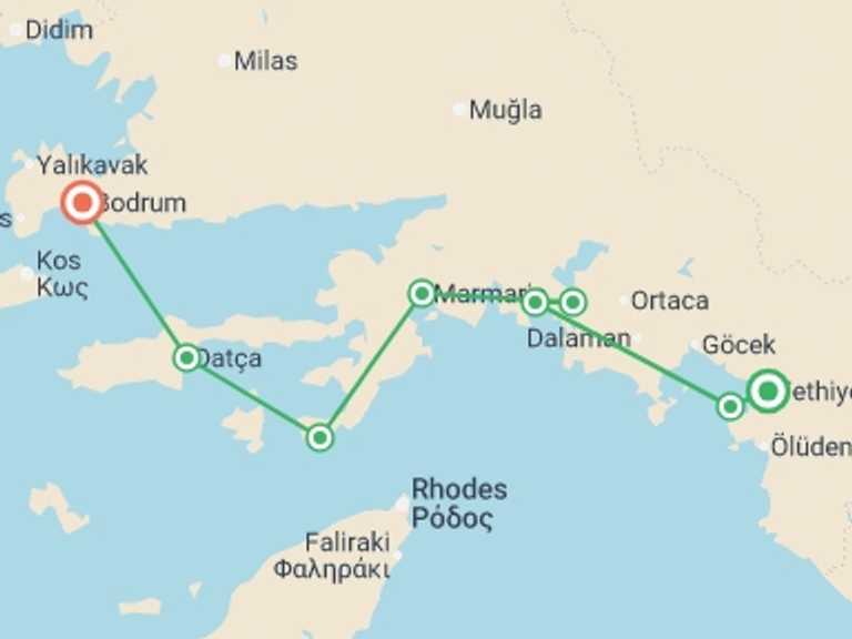 Map of a Sailing, yachting and motor boating Tour with 8 destination visits for the trip: Sail Turkey: Fethiye to Bodrum - (Turkish Gulet)
