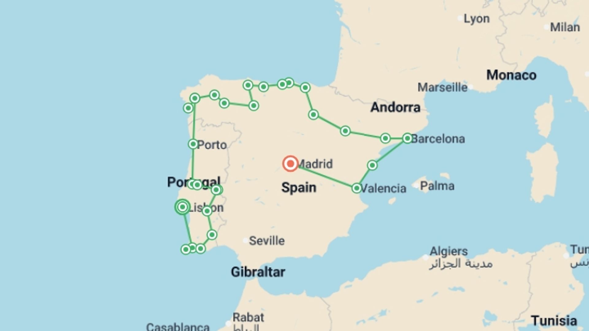 A map showing the tour itinerary for the trip: All of Spain and Portugal, starting in Lisbon, Portugal and ending in Madrid, Spain going through 9 other destinations.
