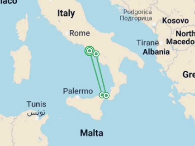 Map itinerary of Naples Tour in February 2026 with 4 destination visits for the trip: Naples, the Amalfi Coast, and Sicily (port-to-port package)