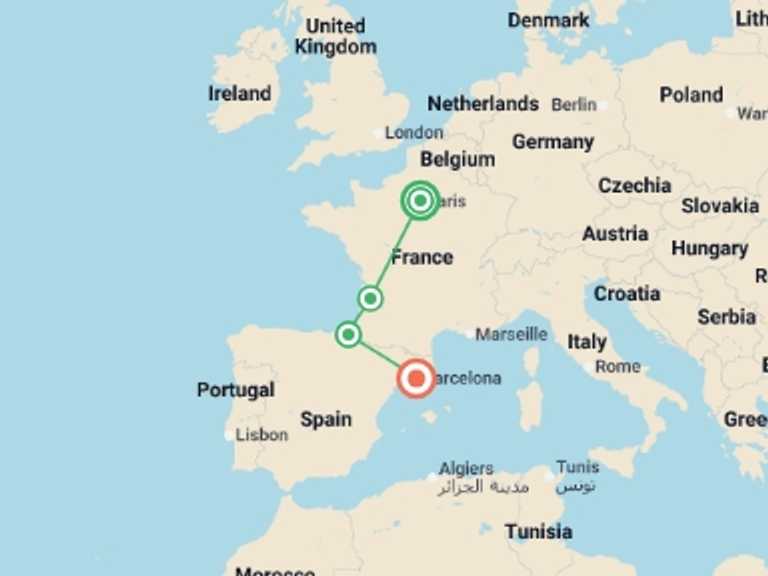 Map of Mediterranean Tour with 5 destination visits for the trip: London to Barcelona Quest