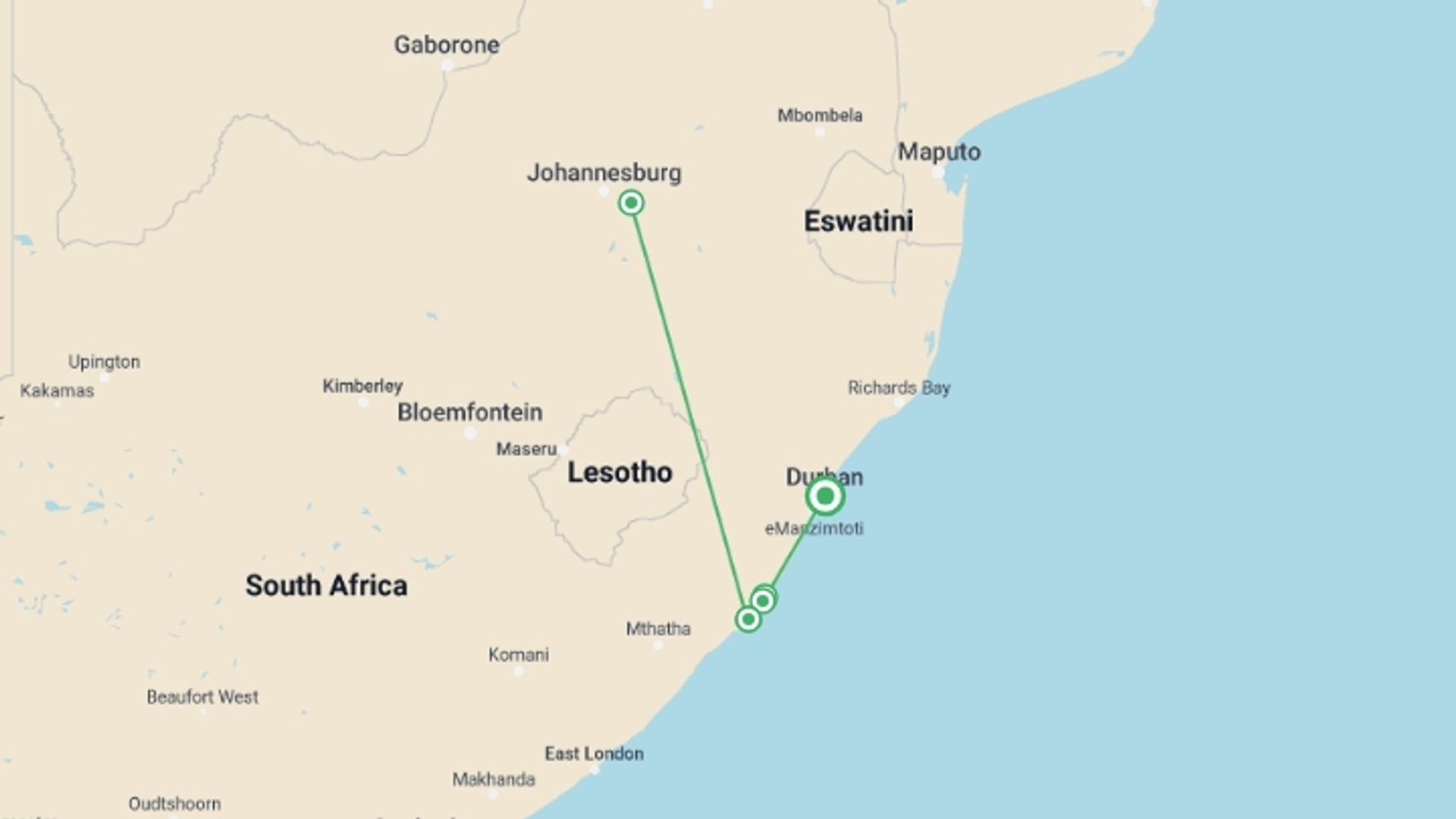 A map showing the tour itinerary for the trip: Mkambati Magic, starting in Durban, South Africa and ending in Durban, South Africa going through 4 other destinations.