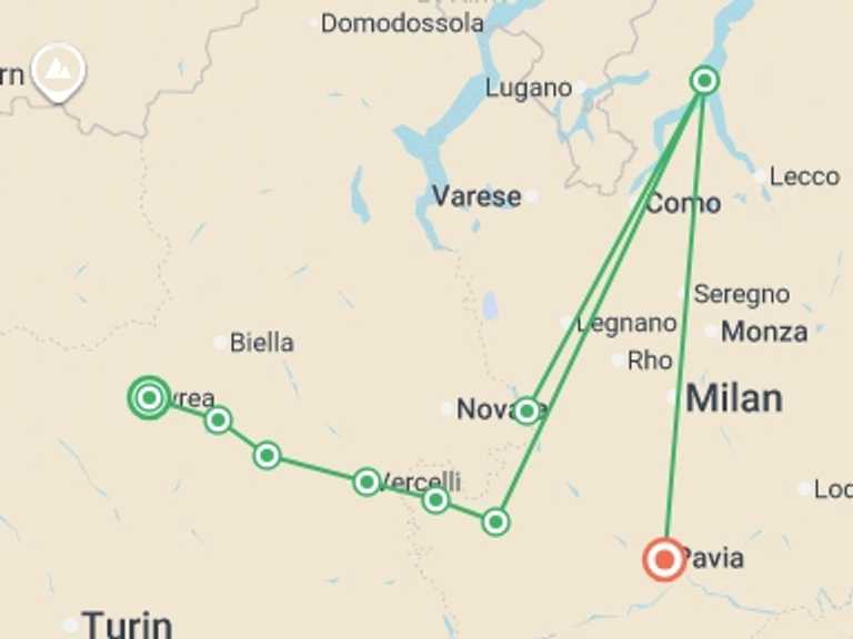 Map itinerary of Mediterranean Tour in April 2026 with 7 destination visits for the trip: Via Francigena: Ivrea to Pavia