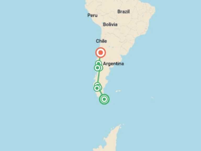 Map of a Active and outdoor Tour with 8 destination visits for the trip: Ushuaia to Santiago (Ruta 40) Travel Pass